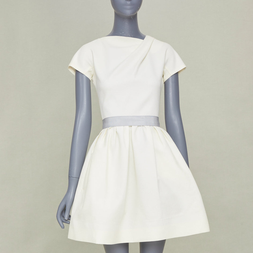 VICTORIA BECKHAM 2010 N91 cream origami fold grey belted cotton dress UK6 XS