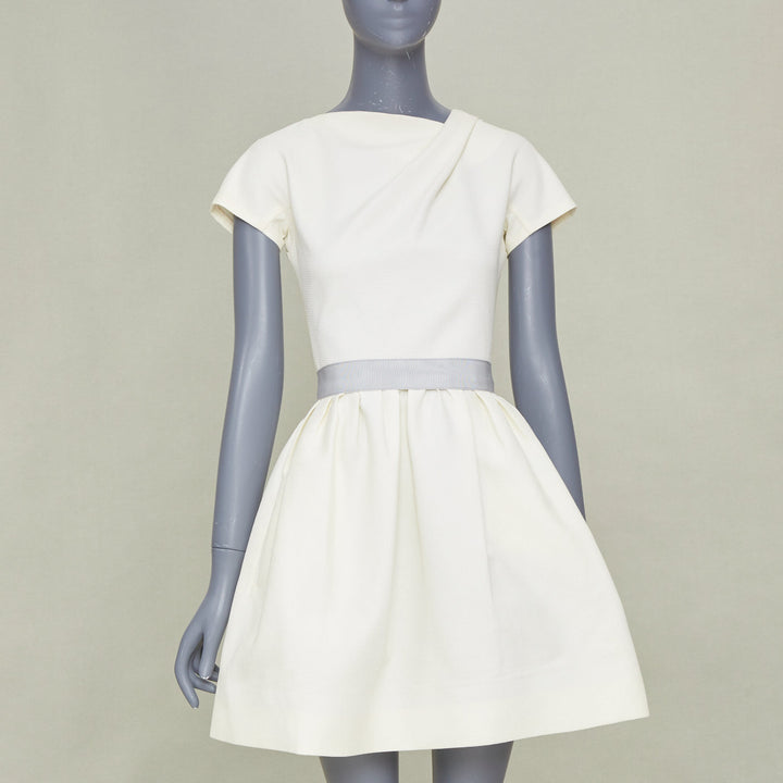VICTORIA BECKHAM 2010 N91 cream origami fold grey belted cotton dress UK6 XS