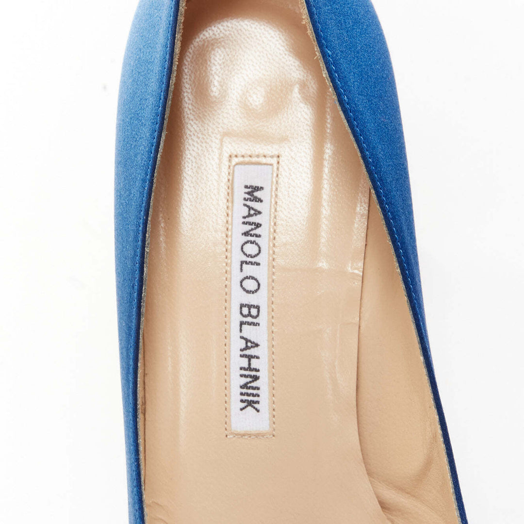 MANOLO BLAHNIK Hangisi 50 blue satin crystal buckle teacup heeled pumps EU36.5