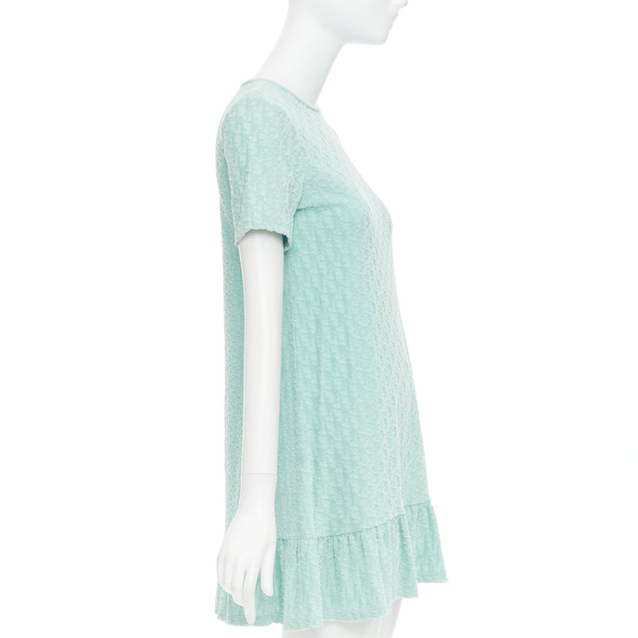 CHRISTIAN DIOR KIDS turquoise cotton velour monogram frill mini dress Yr12