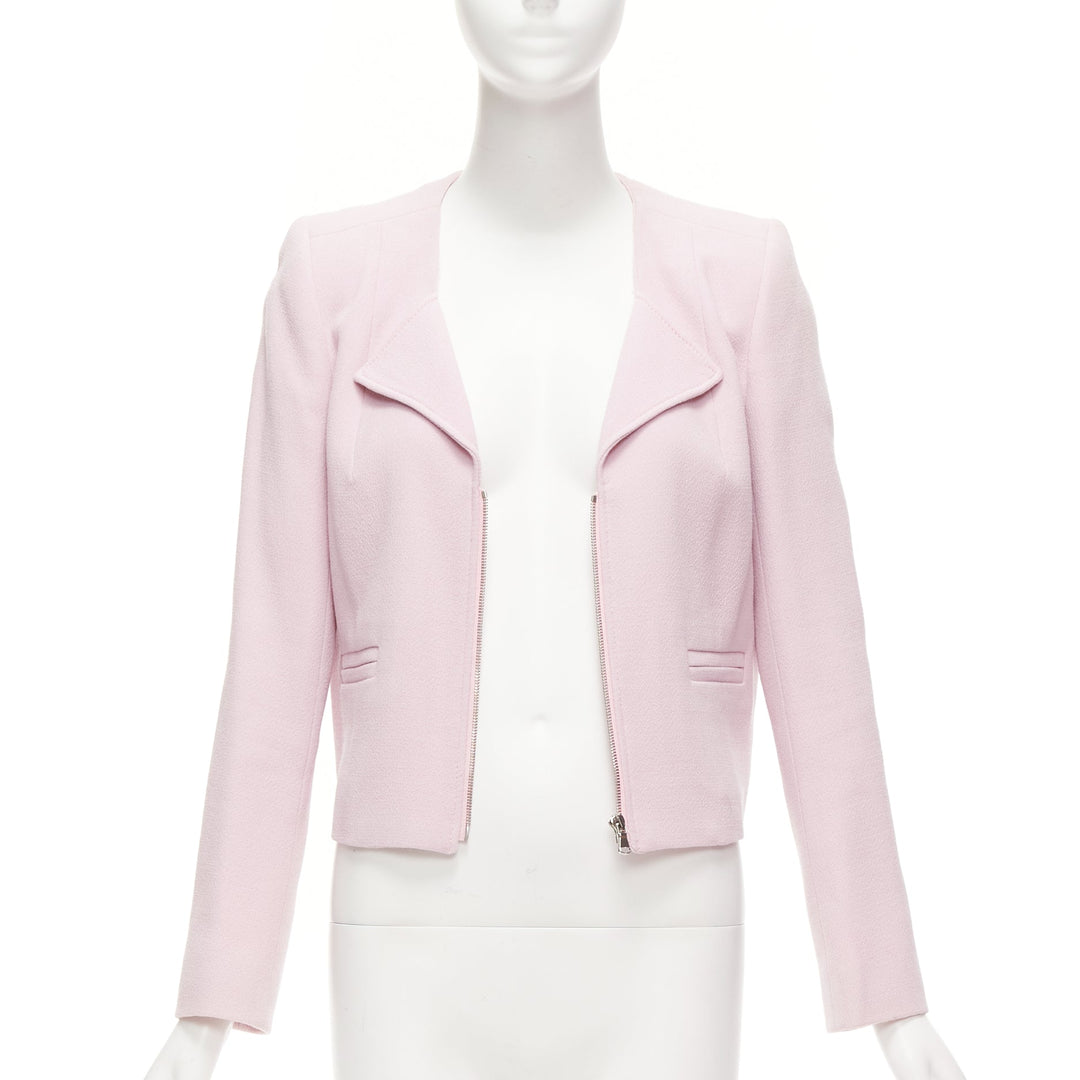 CARVEN pink 100% virgin wool spread lapel zip front cropped blazer FR38 M