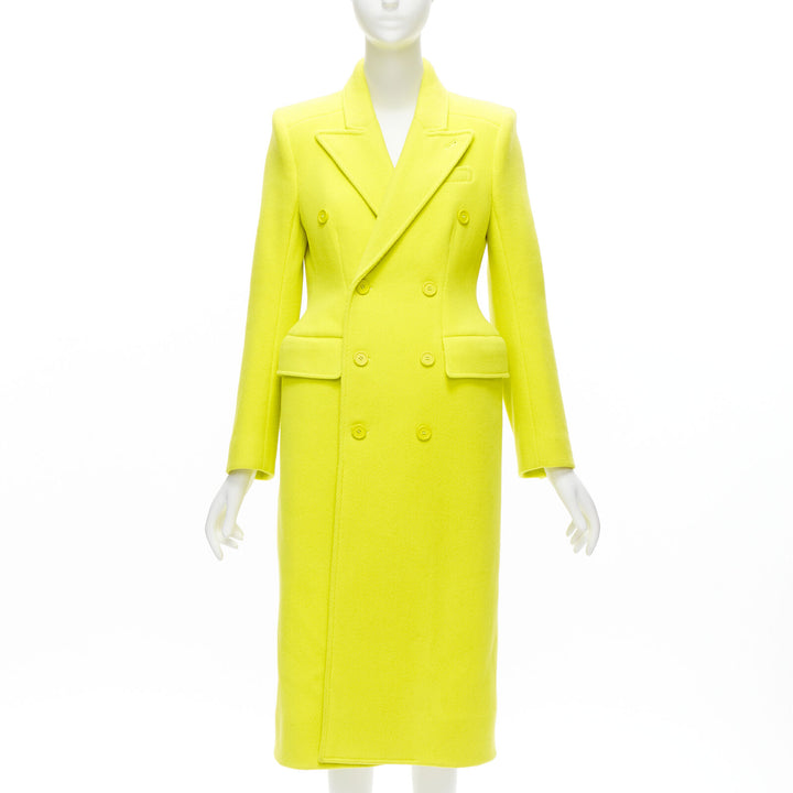 BALENCIAGA Hourglass bright yellow wool double breasted peplum coat FR34 XS