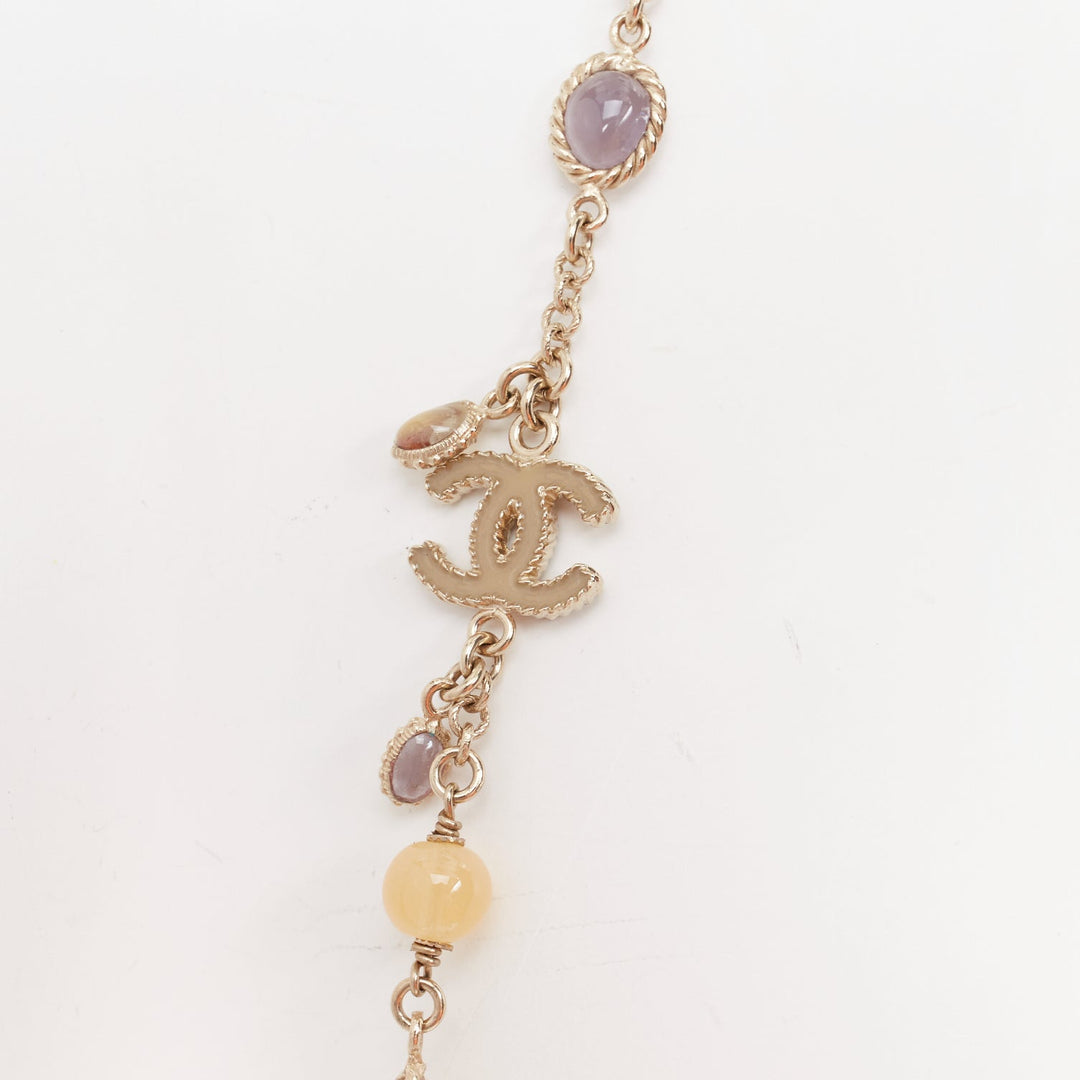 CHANEL B12C beige grey CC logo resin crystal gold chain sautoir long necklace