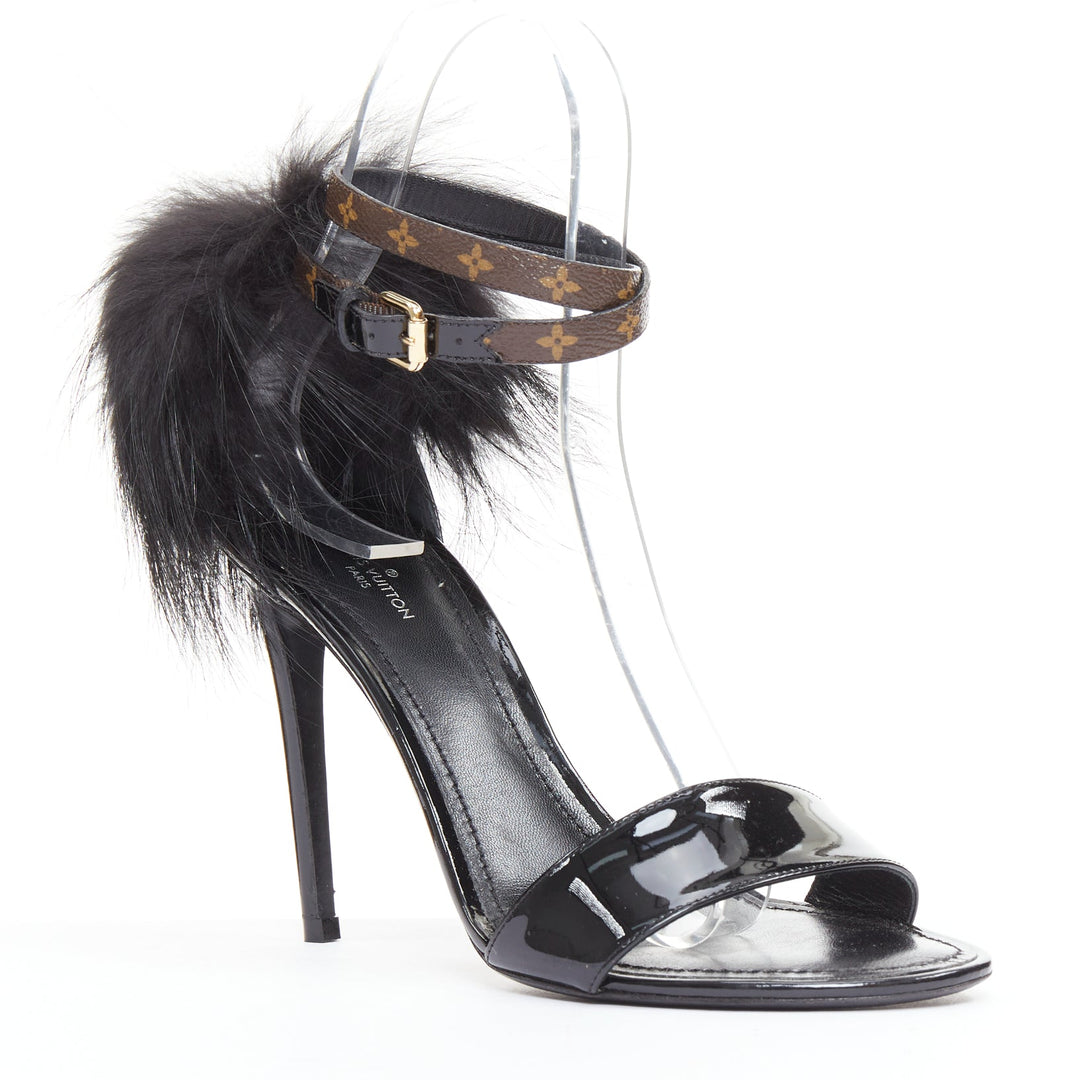rare LOUIS VUITTON Call Back black patent fur trim LV ankle strap heels EU38.5