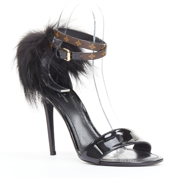 rare LOUIS VUITTON Call Back black patent fur trim LV ankle strap heels EU38.5