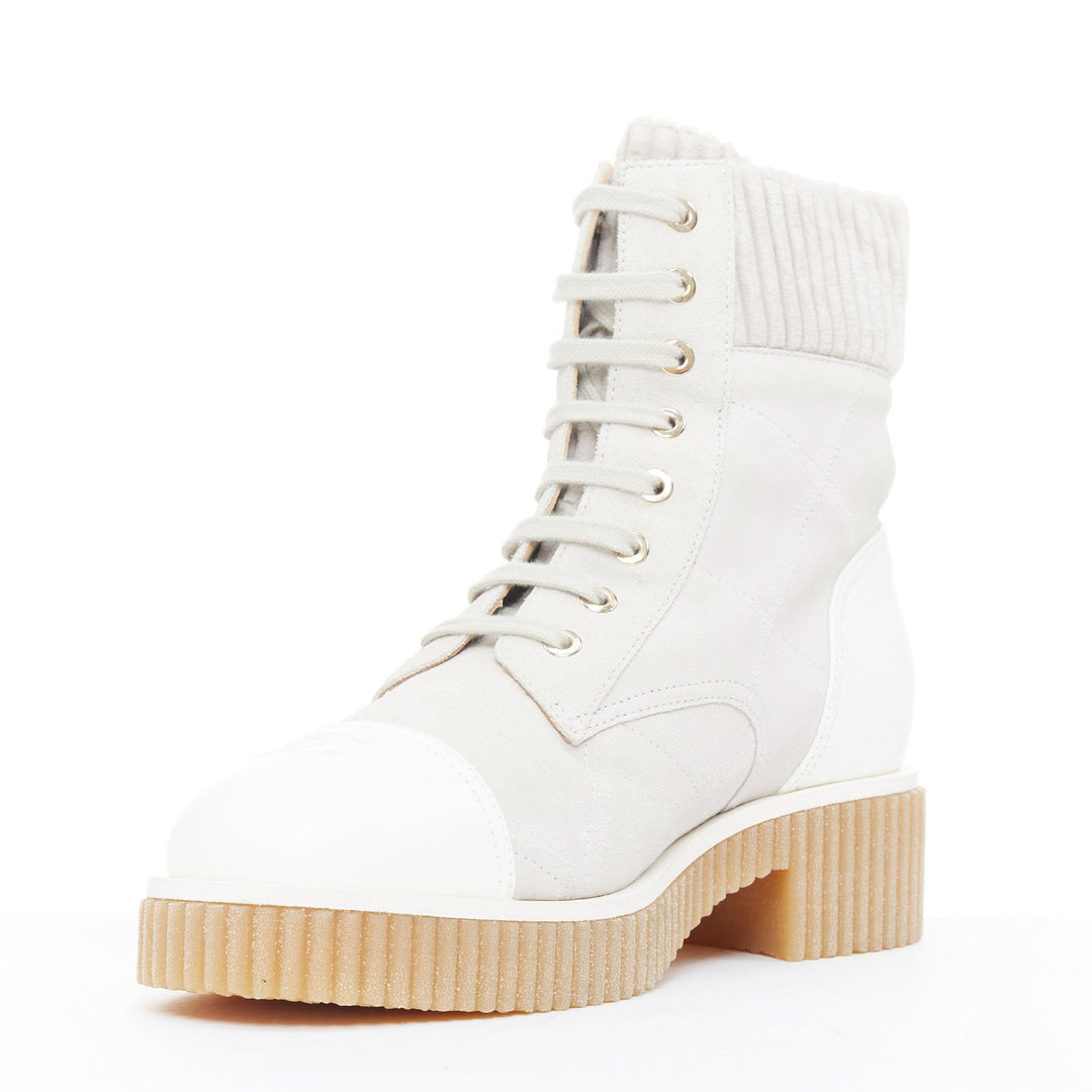 CHANEL 2020 white CC grey suede calfskin quilted combat boots EU38