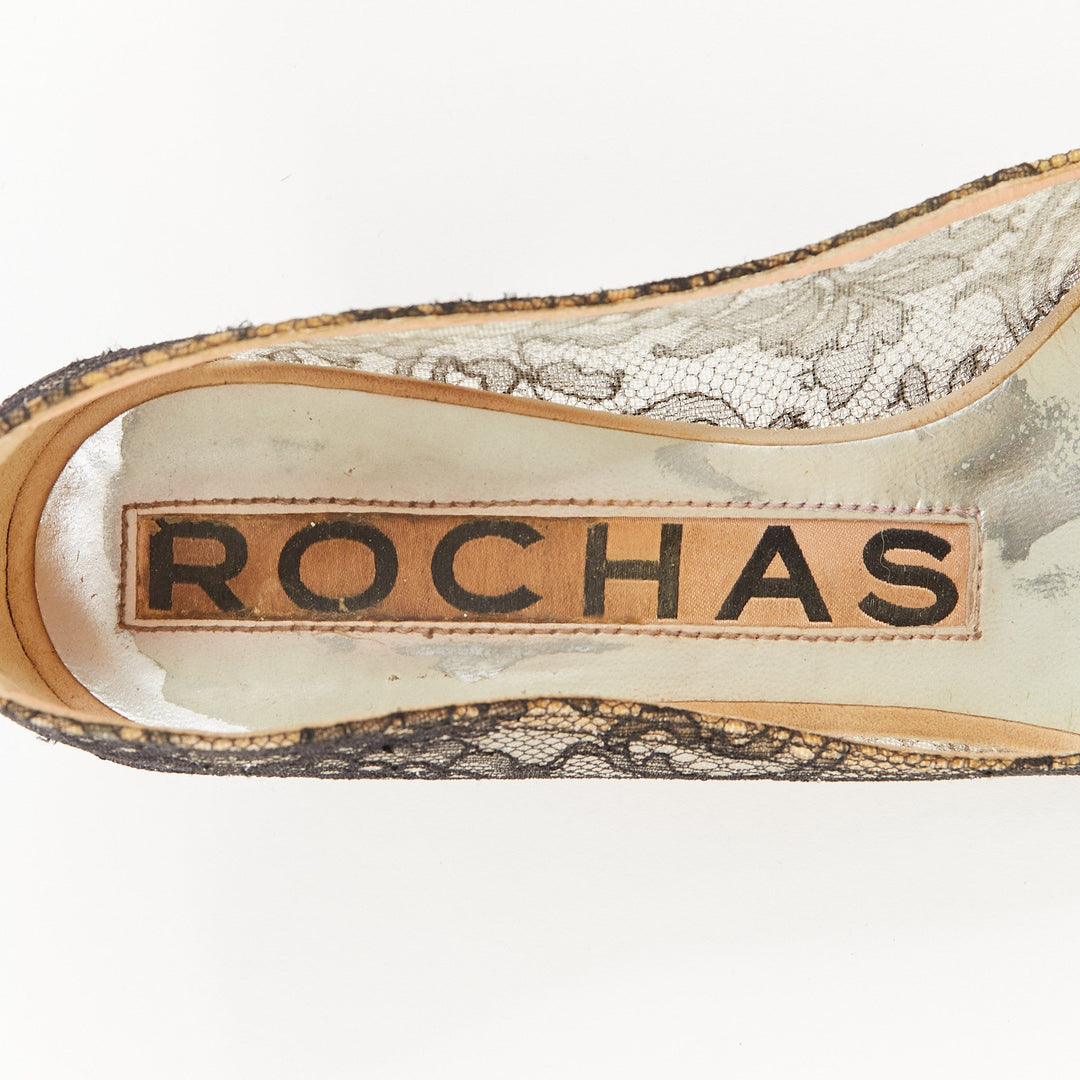 ROCHAS black floral lace mesh pom pom rosette point toe kitten heel pumps EU36