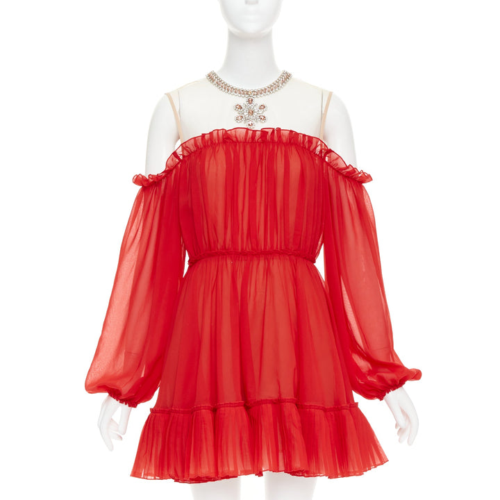 GIAMBATTISTA VALLI H&M 2019 Runway red chiffon crystal necklace dress IT40 XS