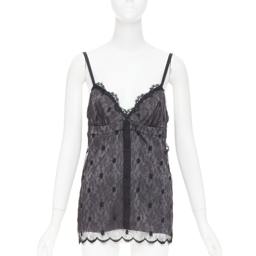 JOHN GALLIANO Vintage Joyce grey floral lace polka dot trim silk camisole top S