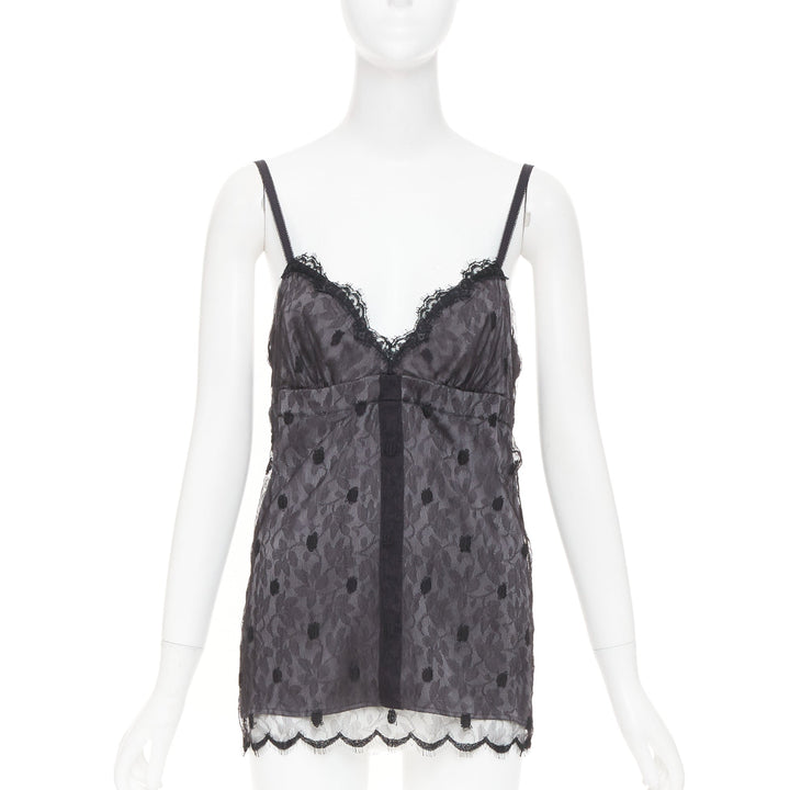 JOHN GALLIANO Vintage Joyce grey floral lace polka dot trim silk camisole top S