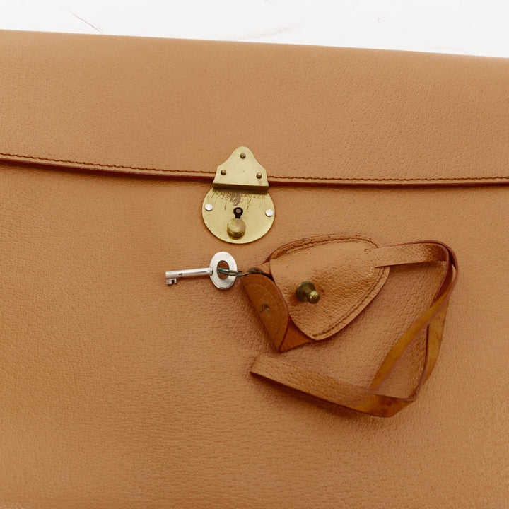 RALPH LAUREN tan textured leather gold logo push lock flap flat clutch bag