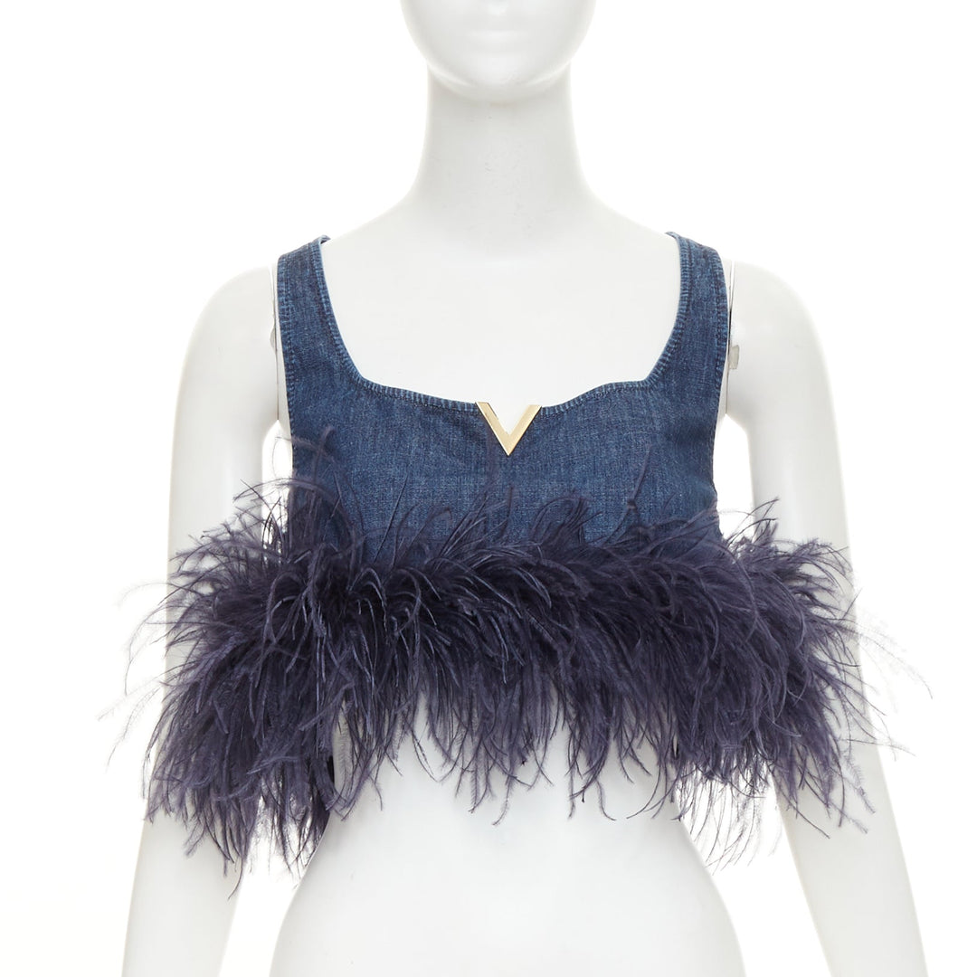 VALENTINO 2023 VGold blue denim purple turkey feather trimmed crop top IT38 XS
