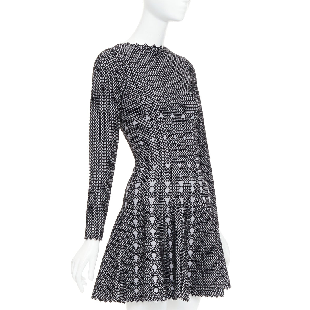 ALAIA black grey virgin wool blend dot graphic skater fit flared dress FR36 S