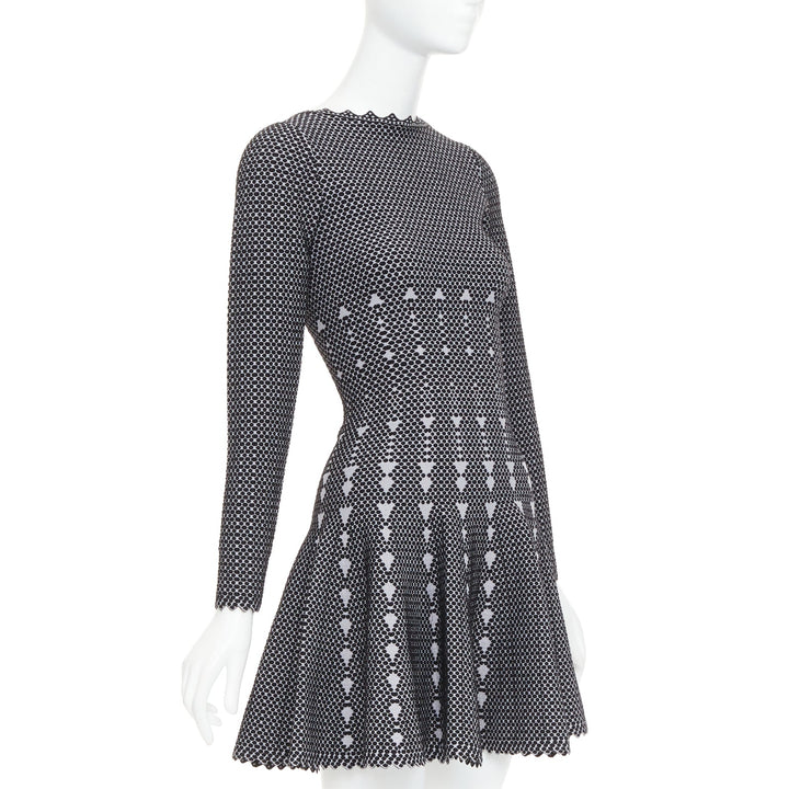 ALAIA black grey virgin wool blend dot graphic skater fit flared dress FR36 S