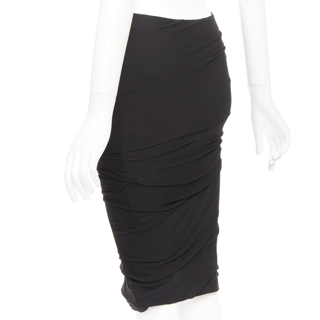 TOM FORD black viscose ruched high waisted asymmetric knee pencil skirt IT36 XXS