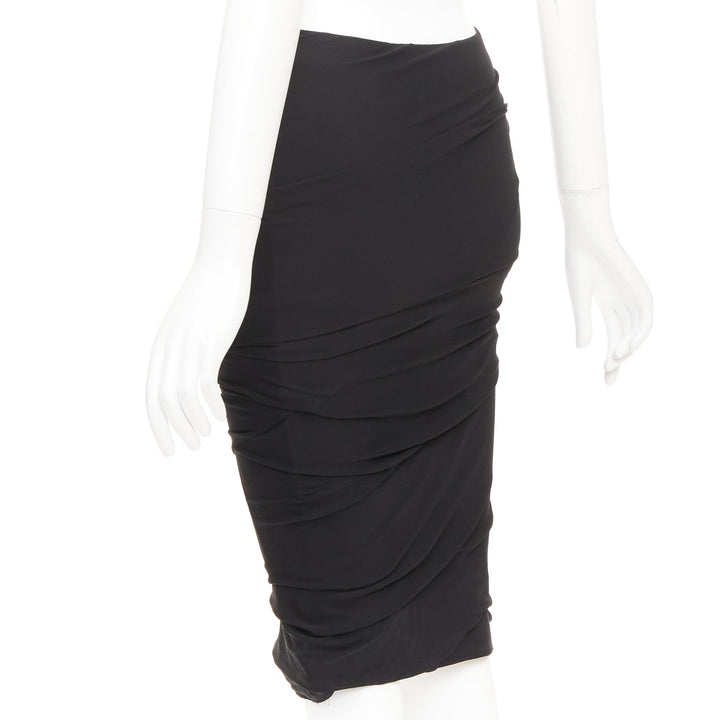 TOM FORD black viscose ruched high waisted asymmetric knee pencil skirt IT36 XXS