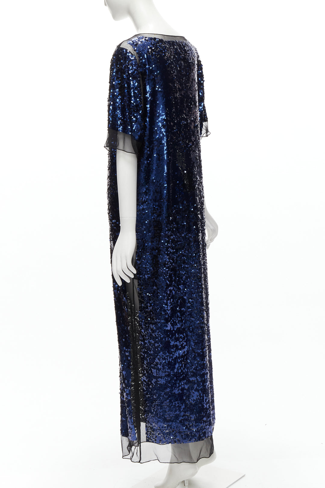 BY MALENE BIRGER blue sequins overlay black sheer evening gown dress M