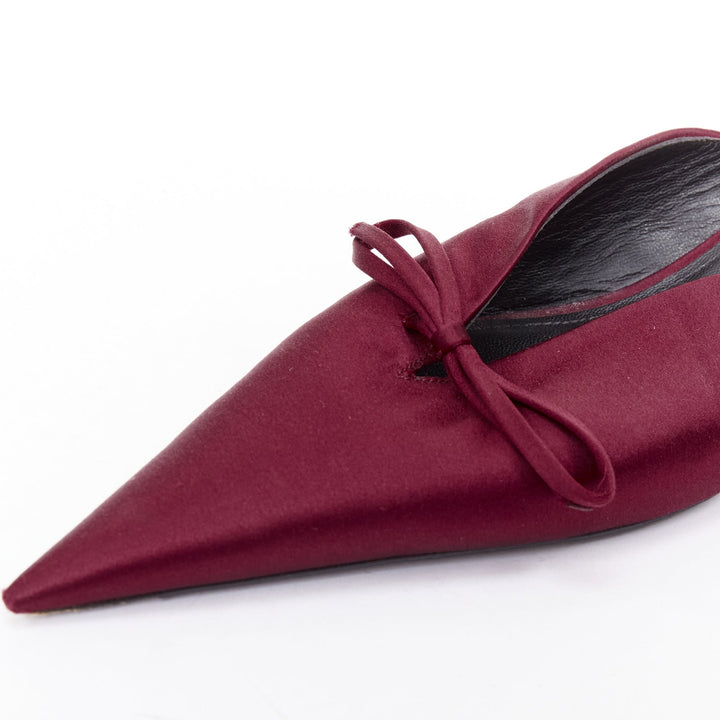 BALENCIAGA Demna Knife Mules burgundy satin bow pointy kitten heels EU38.5