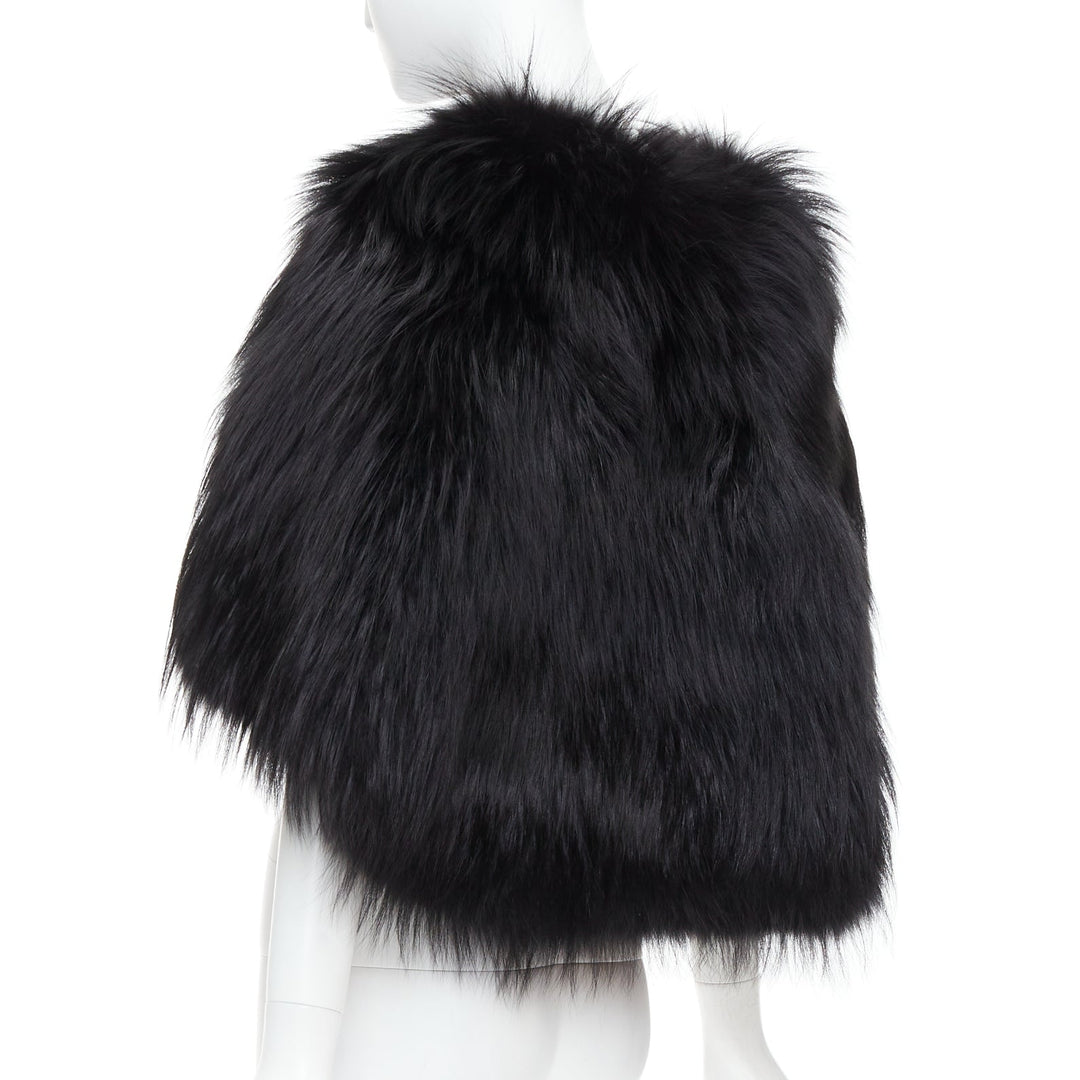 LOUIS VUITTON black fox fur leather belt heart lined cape shawl FR34 XS