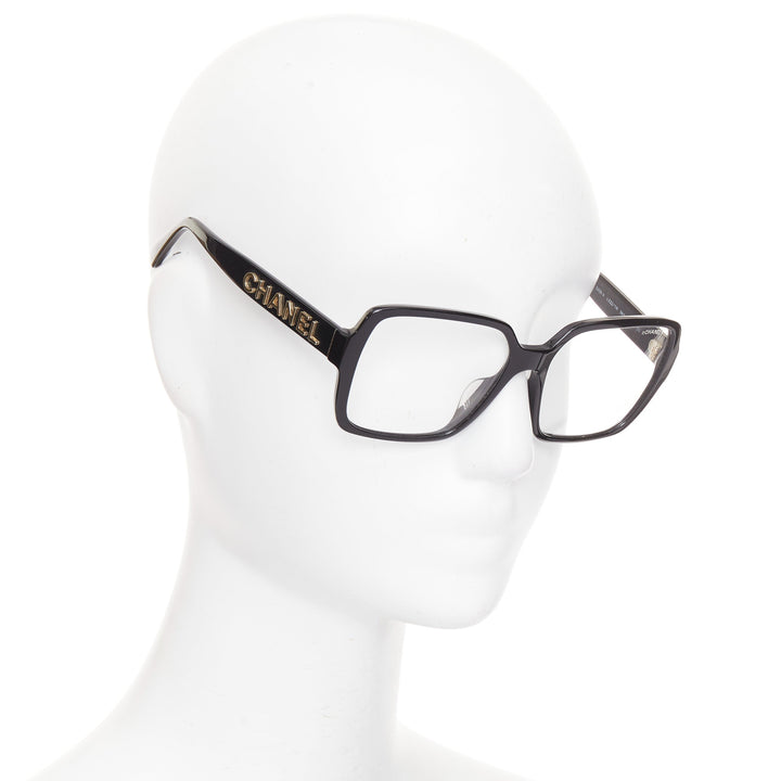 CHANEL 5408-A black acetate gold logo sides oversized square optical glasses
