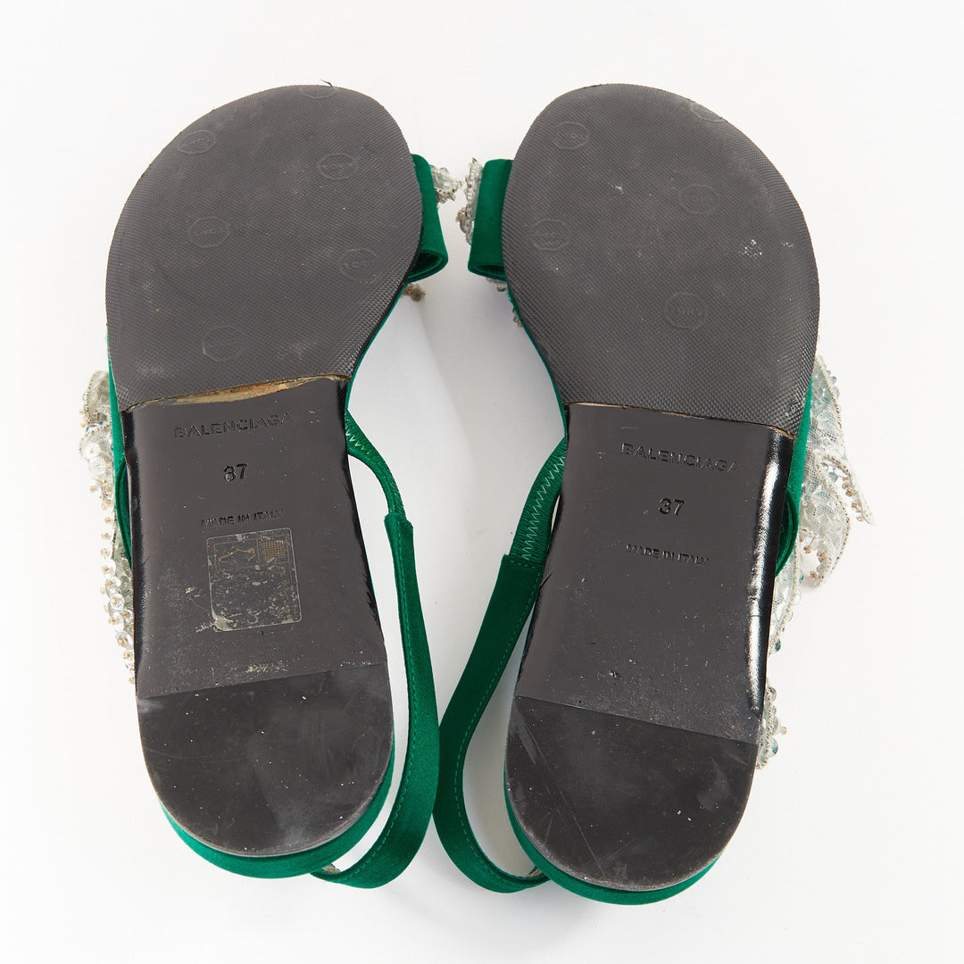 BALENCIAGA 2017 Tess emerald green satin silver sequin open toe flat sandal EU37