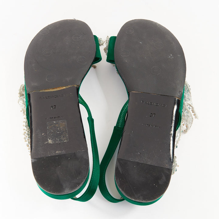 BALENCIAGA 2017 Tess emerald green satin silver sequin open toe flat sandal EU37
