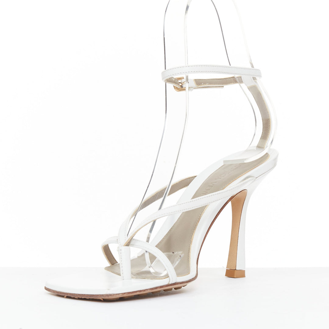 BOTTEGA VENETA Stretch white leather thong ankle strap square toe sandals EU35.5