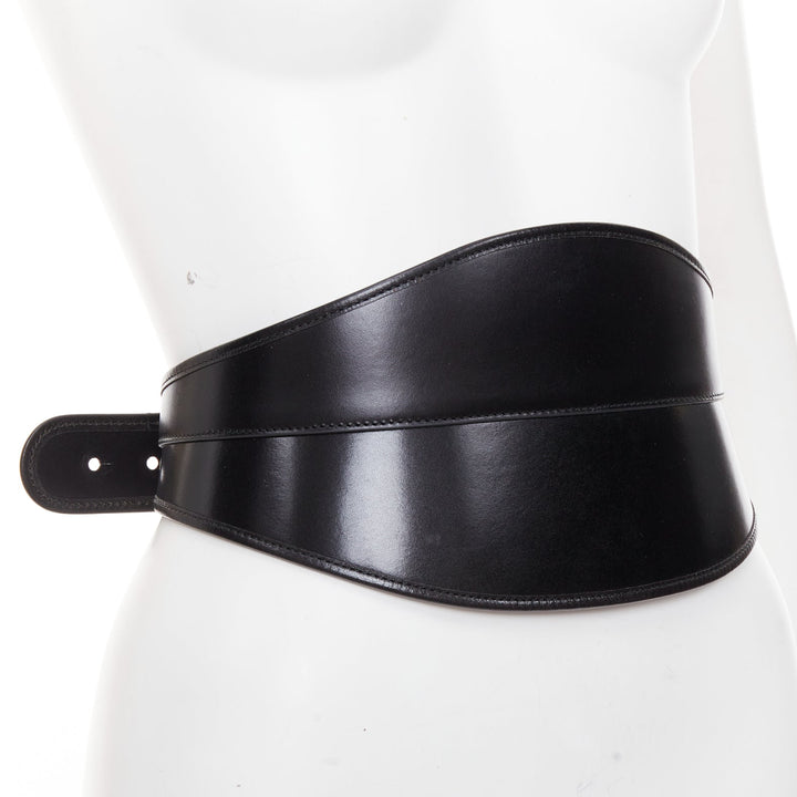 ALEXANDER MCQUEEN black polished leather hard overstitched corset waist belt 26"