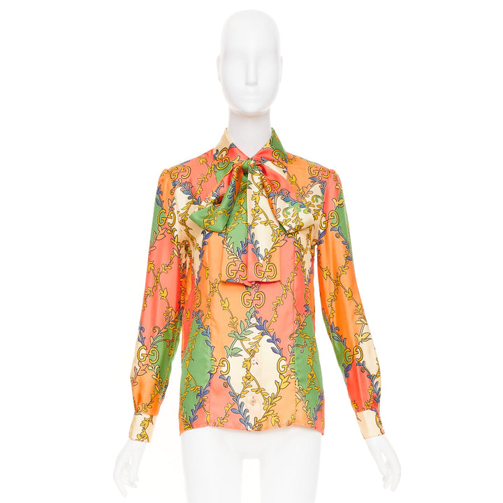 GUCCI 2021 Fluo Barocco orange green  GG Rhombus Ramage silk blouse IT38 XS