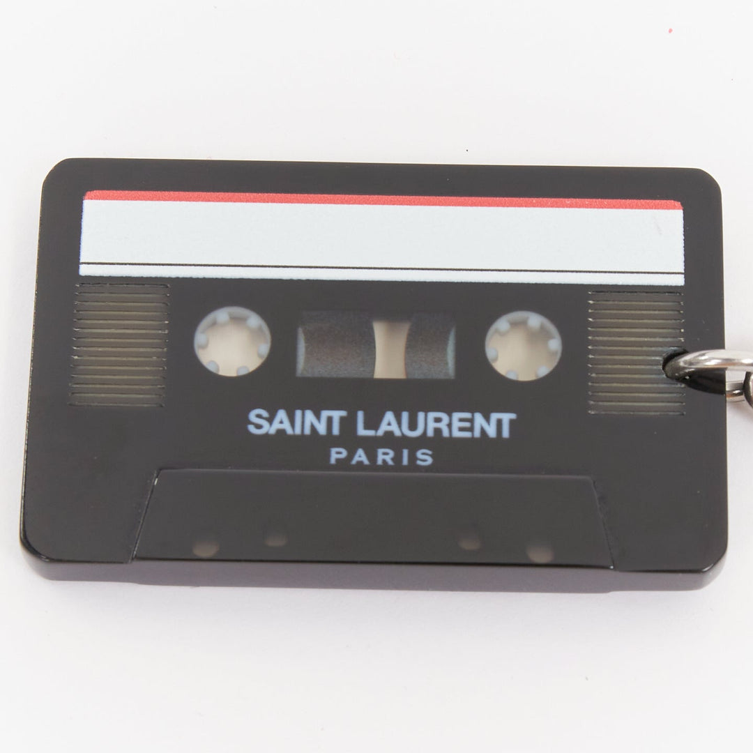 SAINT LAURENT cassette tape black plexi brass logo keyring bag charm pendant