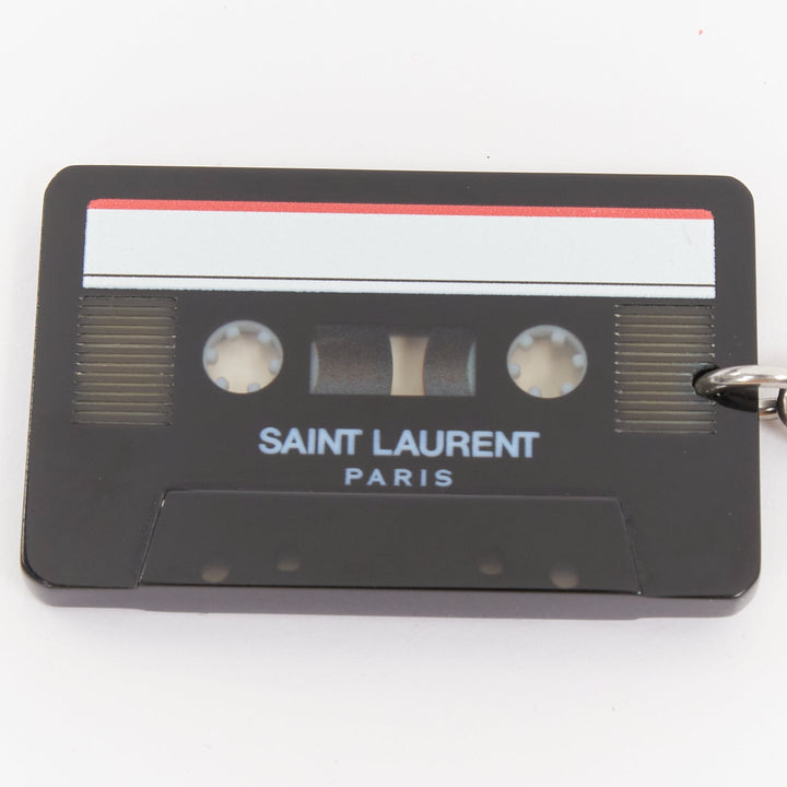 SAINT LAURENT cassette tape black plexi brass logo keyring bag charm pendant
