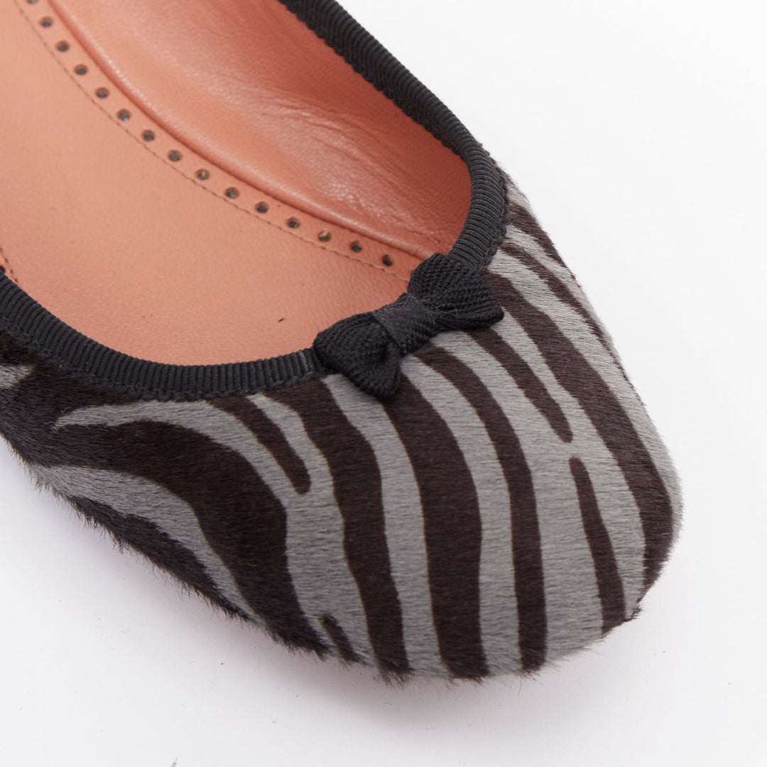 ALAIA grey black calf hair zebra print black grosgrain bow ballet flats EU37