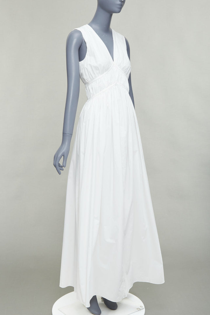 BRUNELLO CUCINELLI white cotton ruched sleeveless plunge maxi dress XS