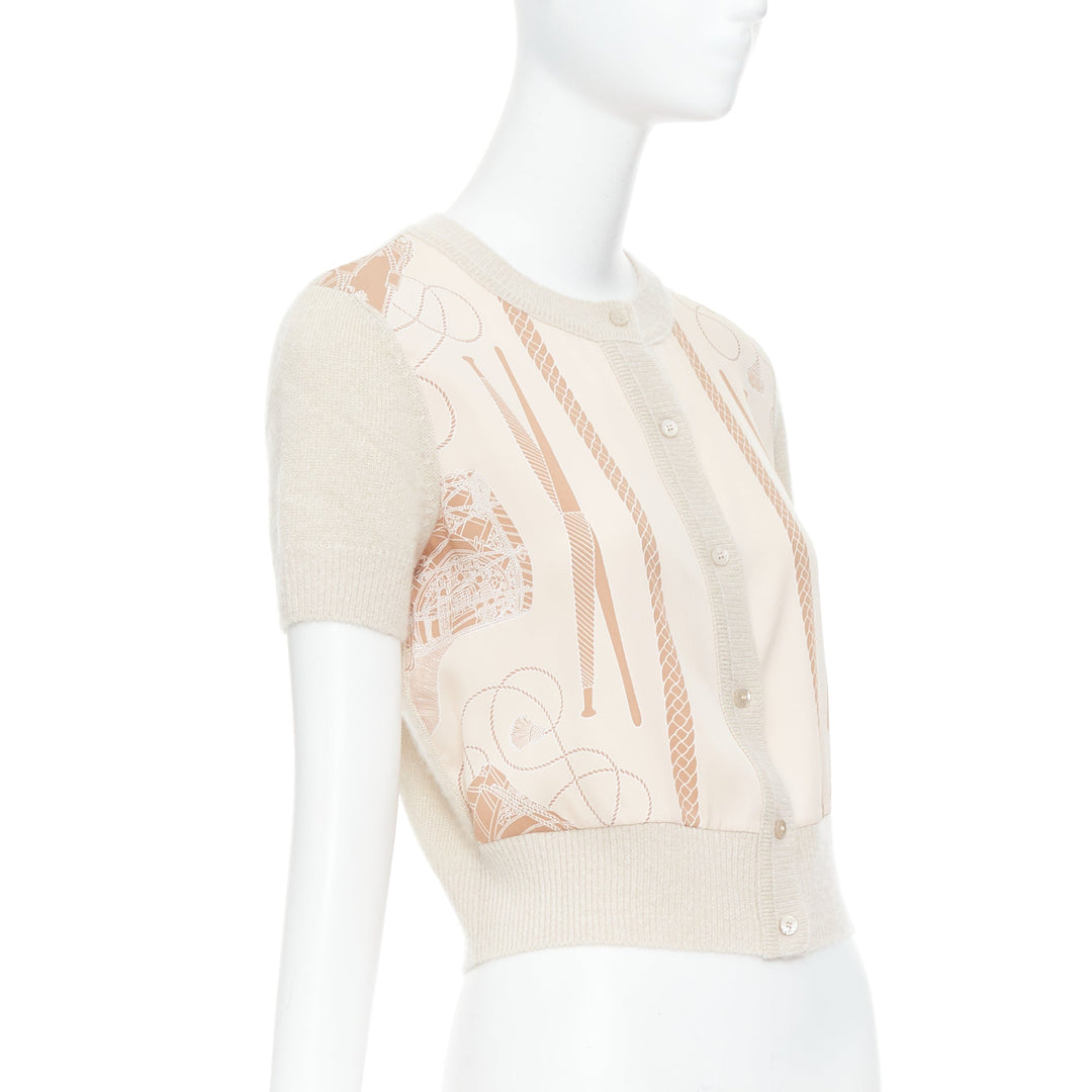 HERMES beige nude cashmere blend graphic silk crop cardigan FR38 M