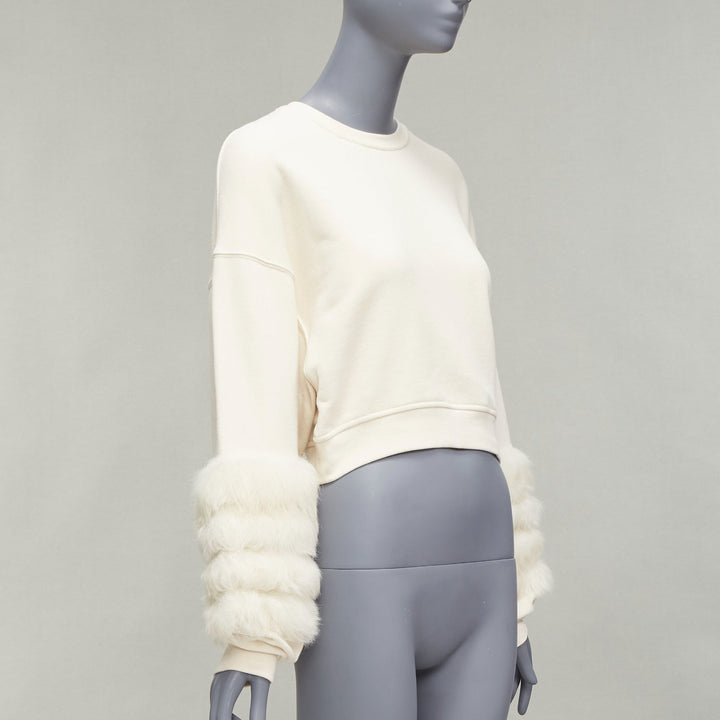 LAPOINT cream genuine lambskin fur cotton tiered sleeve crop sweater S