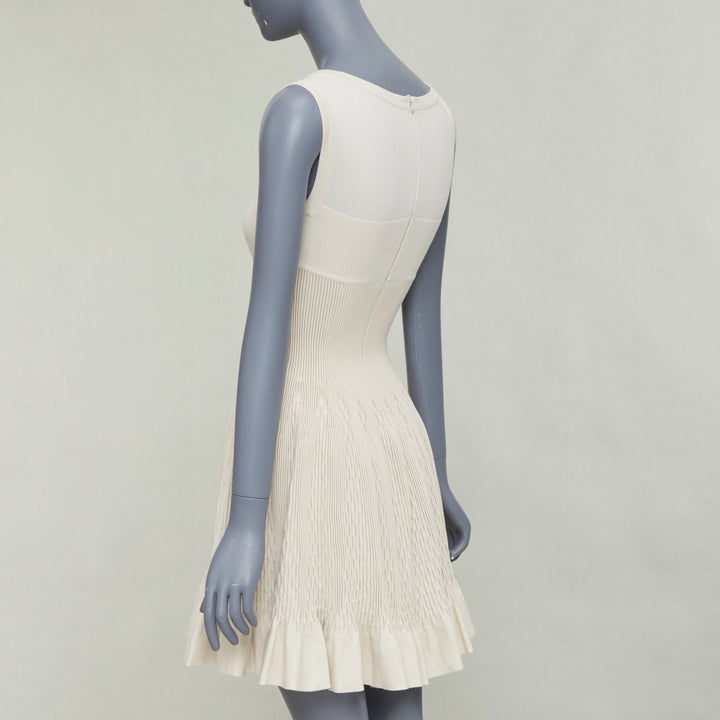 ALAIA ivory beige virgin wool contour waist sleeveless fit flare dress FR36 S
