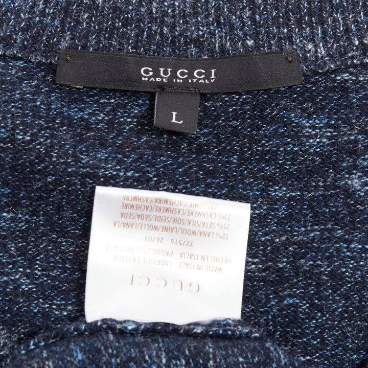 GUCCI navy wool silk cashmere melange V neck GG logo charm sweater L