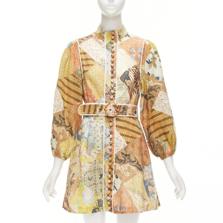 ZIMMERMANN Brightside brown linen patchwork ethnic print belted dress US1 S