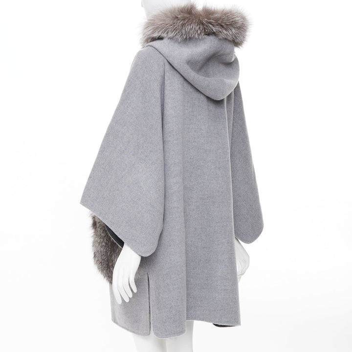 INTUITION PARIS grey cashmere wool real fur hooded removable collar cape coat S