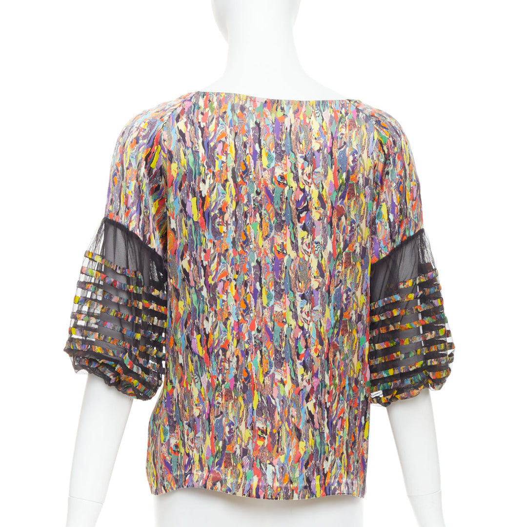 DRIES VAN NOTEN multicolor watercolor print sheer flared sleeve top FR40 L