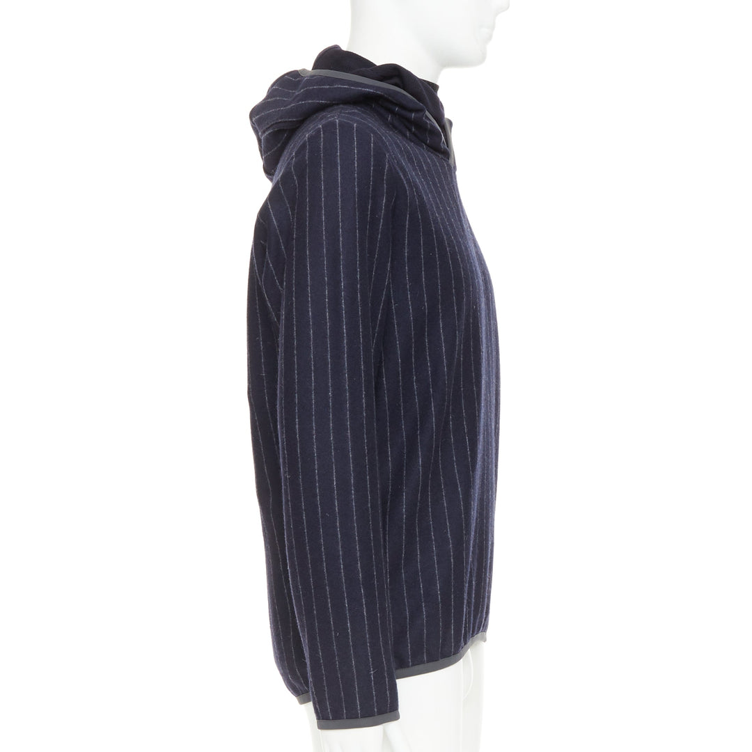SEASE Drone Hood navy virgin wool cashmere pinstripe trimmed hoodie S