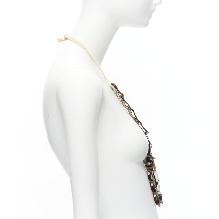 CHAMOREL black nude mesh ribbon antique gold circle coin crystal long necklace