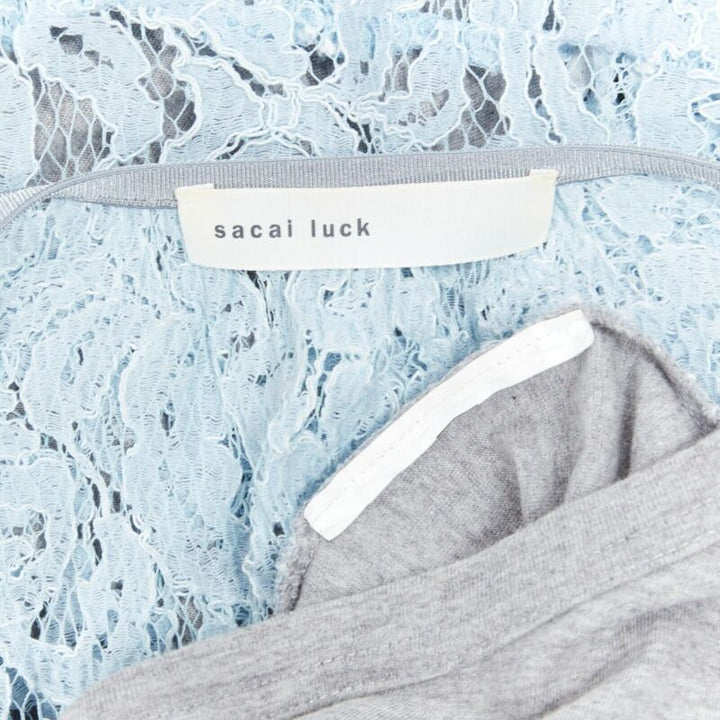 SACAI LUCK grey 100% cotton light blue lace back short sleeve mullet t-shirt JP1