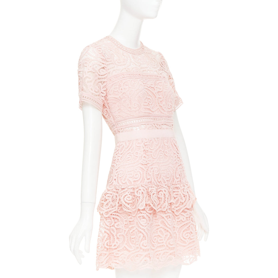 SELF PORTRAIT 2022 Abstract Guipure pink embellished lace sheer dress UK8 S