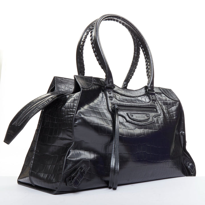 BALENCIAGA 2021 Neo Classic City black matte croc embossed leather satchel bag