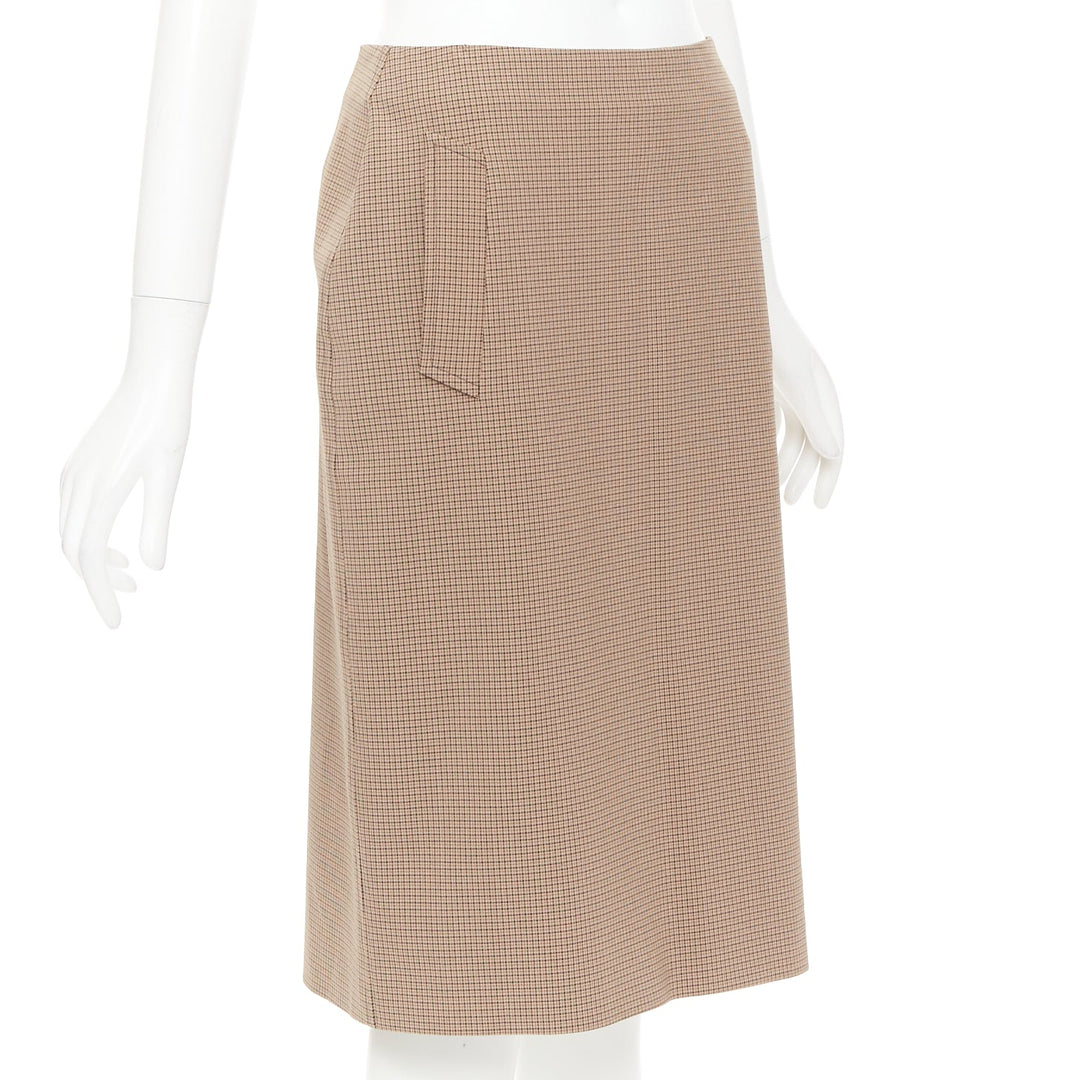 PRADA Vintage brown micro houndstooth checked high waist pencil skirt IT42 M