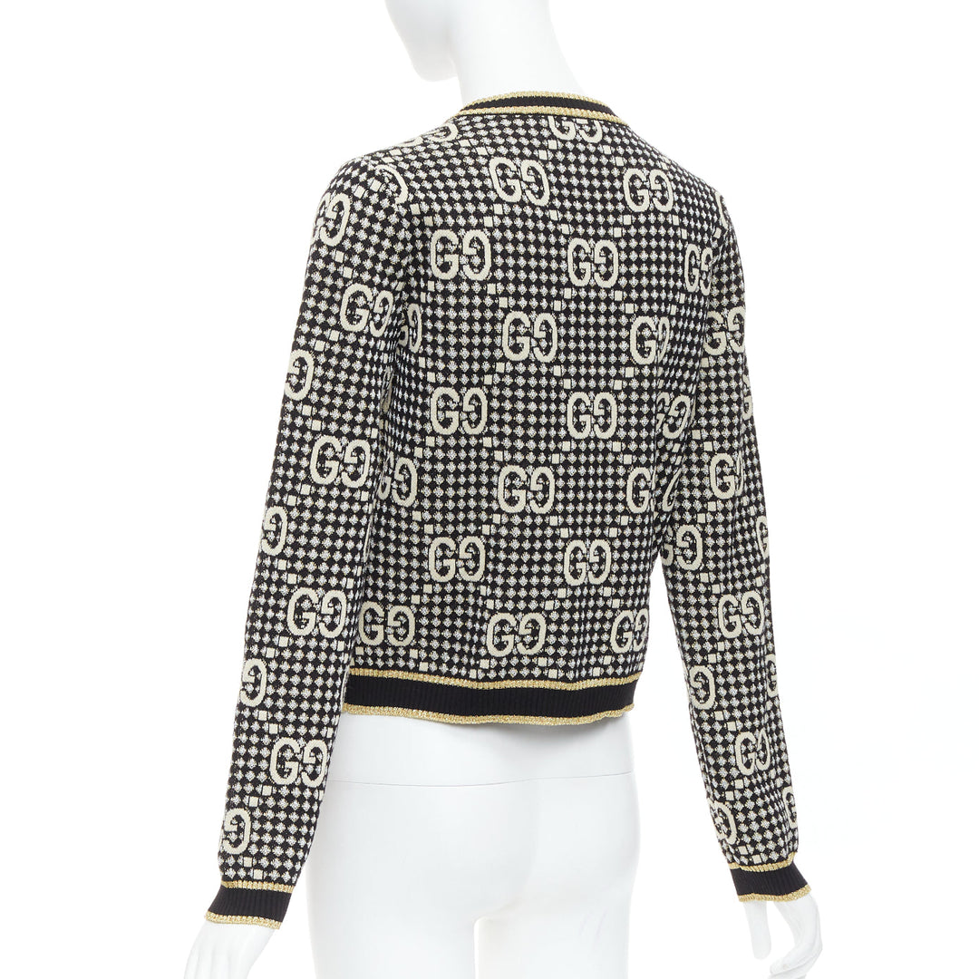 GUCCI gold lurex wool blend monogram jacquard preppy cardigan S