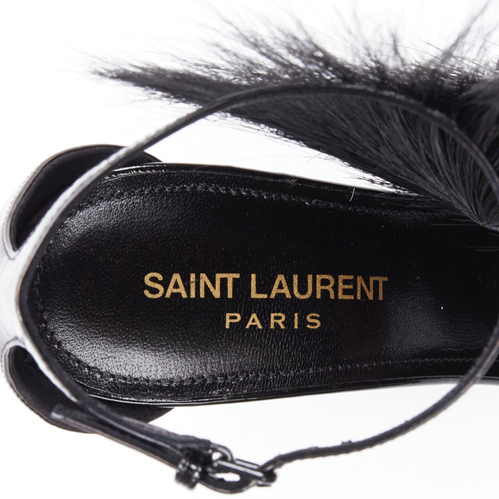 SAINT LAURENT Jamie 110 Runway black fur mohawk patent sandals EU37.5