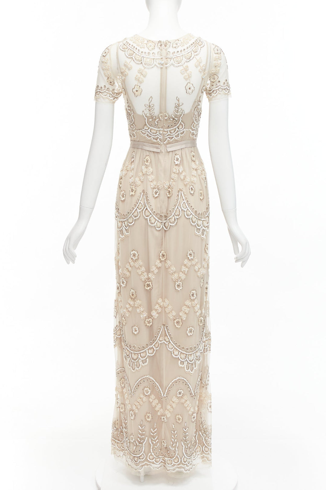 NEEDLE & THREAD nude sequins beads embellished overlay long gown UK6 XS