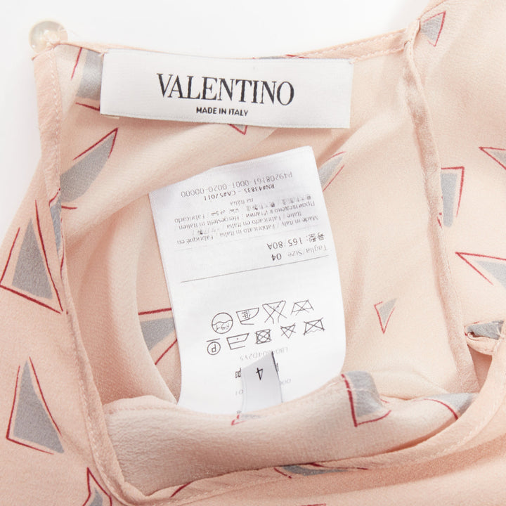VALENTINO 100% silk blush pink grey triangle print tie neck blouse US4 S